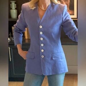 Jaeger Longline Linen Suit Pant Set Blue UK Minimalist 90s Tailored